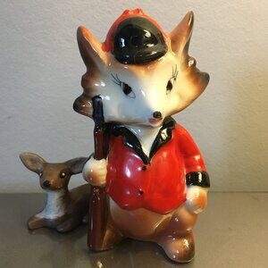 Vintage Anthropomorphic Ceramic Fox Hunter Figurine 4" Rifle Hunting Regalia
